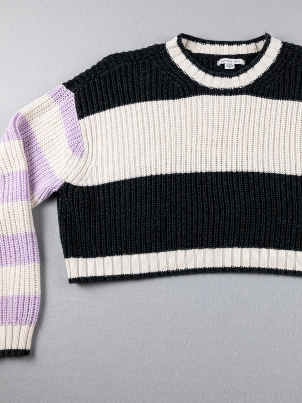 American Eagle Womens S Cropped Sweater Black Cream Lavender Stripe Chunky Knit